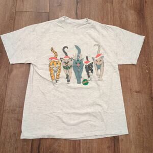 VTG Cat Kitten Merry Christmas Adult Large Global Impression Santa Double Sided